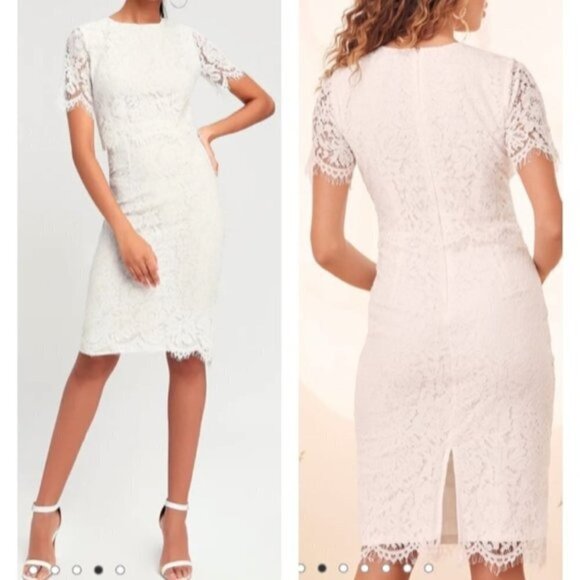 Lulu's Devotion White Lace Short Sleeve Fitted Wedding Small Midi Dress NWT - Picture 1 of 10